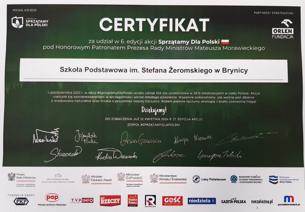 VI Edycja #SprzątamyDlaPolski – certyfikat uczestnictwa