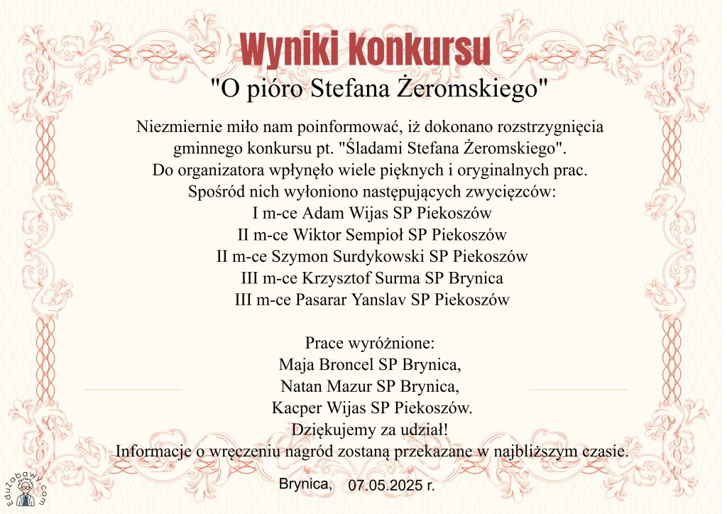 Wyniki konkursu “O pióro Stefana Żeromskiego”